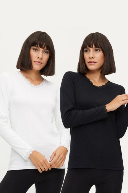 BROSS - 1033 Zweiteiliges Damen-Flanell-T-Shirt aus 100 % Baumwolle mit langen Ärmeln