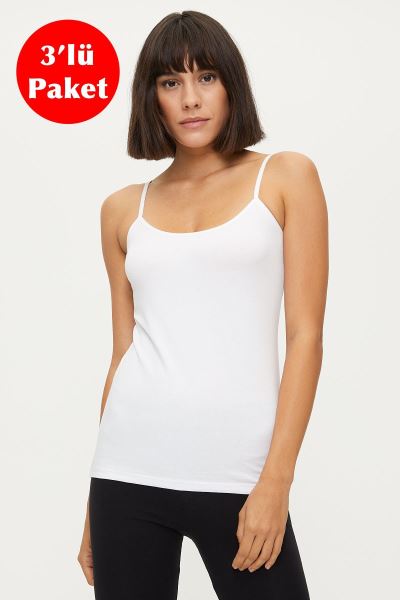 Likralı İp Askılı 3lü Beyaz Kadın Atlet 1246 Beyaz