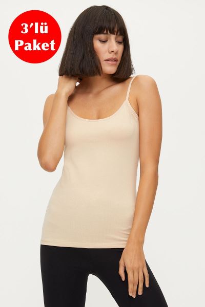Likralı İp Askılı 3lü Ten Kadın Atlet 1246 Ten
