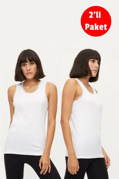 Kadın %100 Pamuk 2li Dantelli Atlet 1034 Beyaz