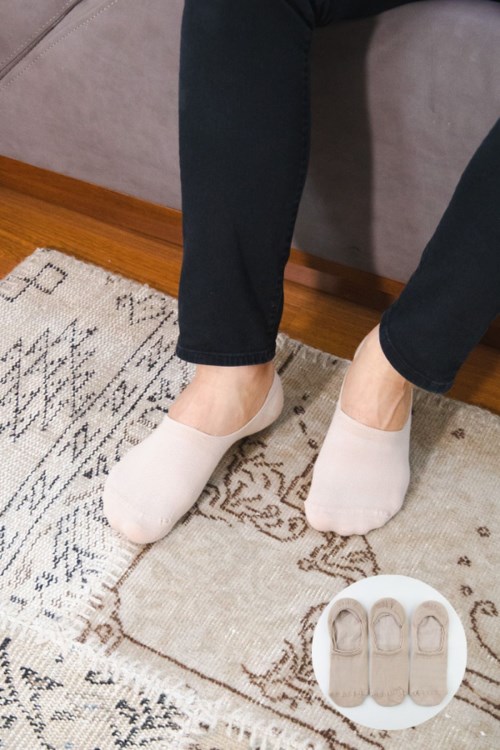 Bross 3lü Bej Görünmez Topuk Silikonlu Babet Çorap Bej