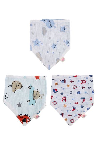 Bebek 3lü Fular Mama Önlüğü Çıtçıtlı %100 Pamuk Mavi