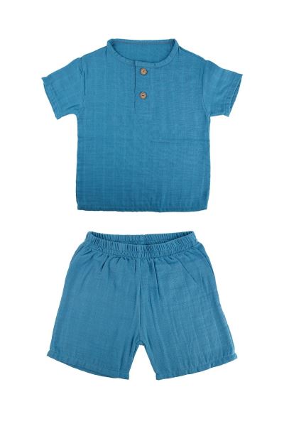 Bebek Alt Üst Takım %100 Pamuk 2 Katlı Müslin Mavi