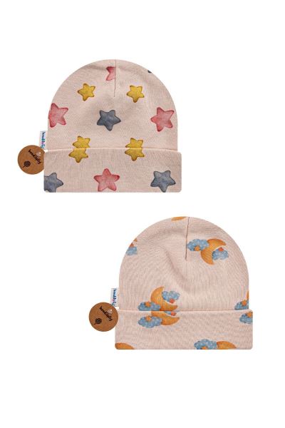 Bebek Şapka Gökyüzü Desenli 2 Li Pamuklu İnterlok Lacivert