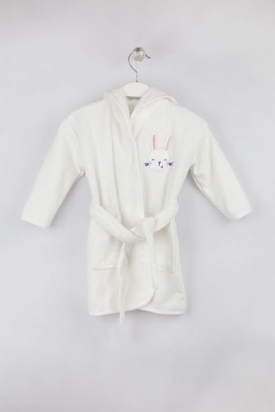 Bebek Bornoz  Tavşan Nakışlı %100 Pamuk BEYAZ