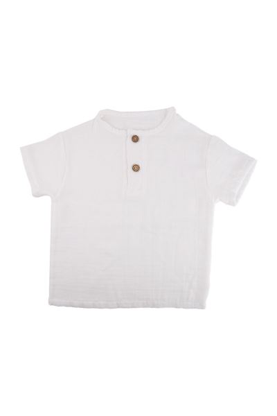 Bebek Düğmeli Tişört %100 Pamuk 2 Katlı Müslin Beyaz