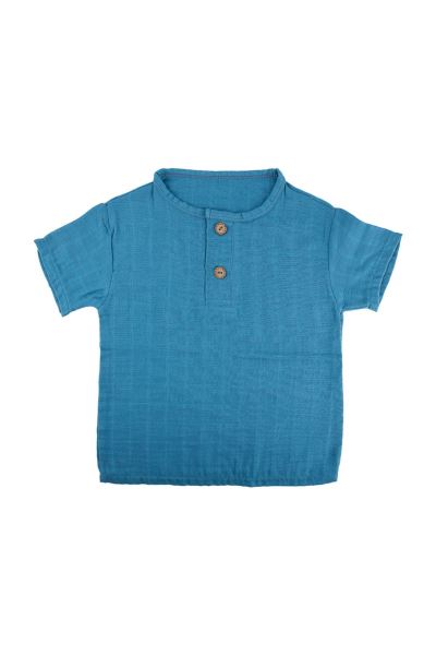 Bebek Düğmeli Tişört %100 Pamuk 2 Katlı Müslin Mavi