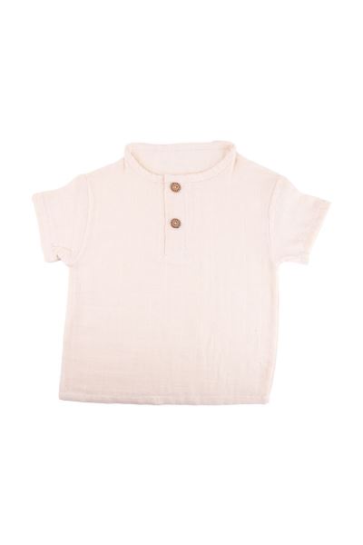 Bebek Düğmeli Tişört %100 Pamuk 2 Katlı Müslin Krem
