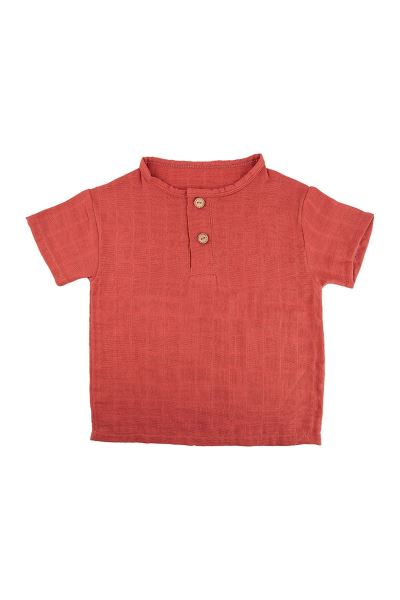 Bebek Düğmeli Tişört %100 Pamuk 2 Katlı Müslin Kiremit