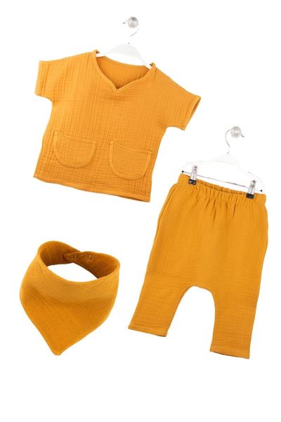 Bebek Müslin Alt Üst Önlük Takım %100 Pamuk 4 Kat Hardal
