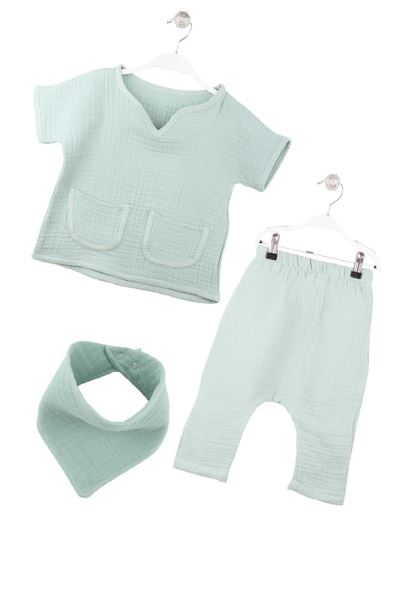 Bebek Müslin Alt Üst Önlük Takım %100 Pamuk 4 Kat Mint