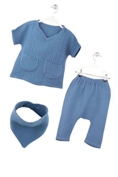 Bebek Müslin Alt Üst Önlük Takım %100 Pamuk 4 Kat Mavi