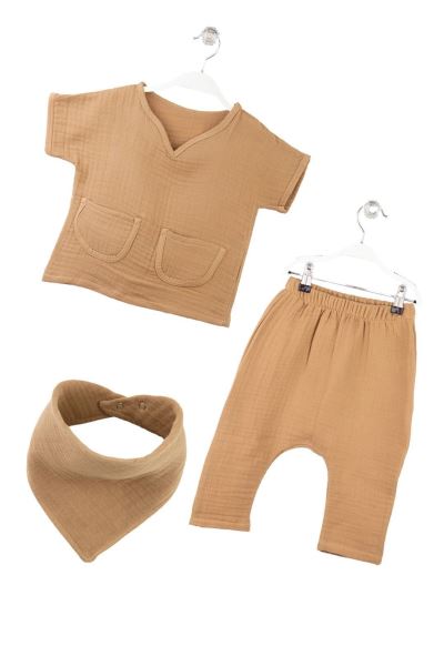 Bebek Müslin Alt Üst Önlük Takım %100 Pamuk 4 Kat Camel