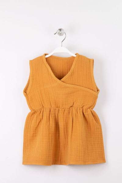 Bebek Müslin Beli Lastikli Geniş Askılı Elbise Hardal