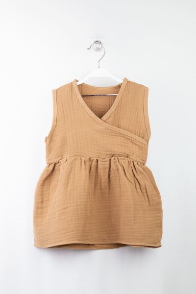 Bebek Müslin Beli Lastikli Geniş Askılı Elbise Camel