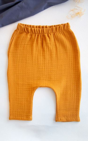 Bebek Müslin Beli Lastikli Şalvar Pantolon Pamuklu Hardal