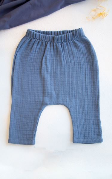 Bebek Müslin Beli Lastikli Şalvar Pantolon Pamuklu Mavi