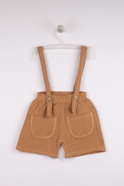 Bebek Müslin Cepli Askılı Pantolon %100 Pamuk Camel