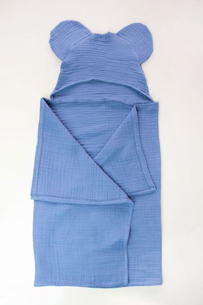 Bebek Müslin Kundak Kapüşonlu %100 Pamuk Mavi