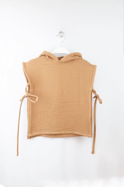 Bebek Müslin Panço Kapüşonlu Bağlamalı %100 Pamuk Camel