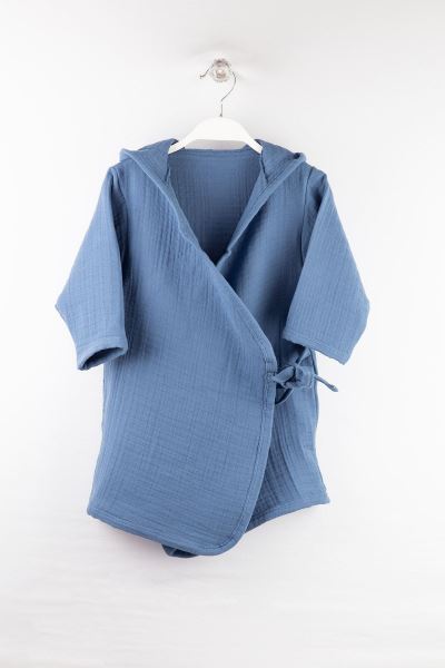 Müslin Bebek Bornoz Kapüşonlu Belden Bağlamalı Mavi