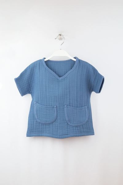 Müslin Bebek Tişört Cepli V Yaka %100 Pamuk Mavi