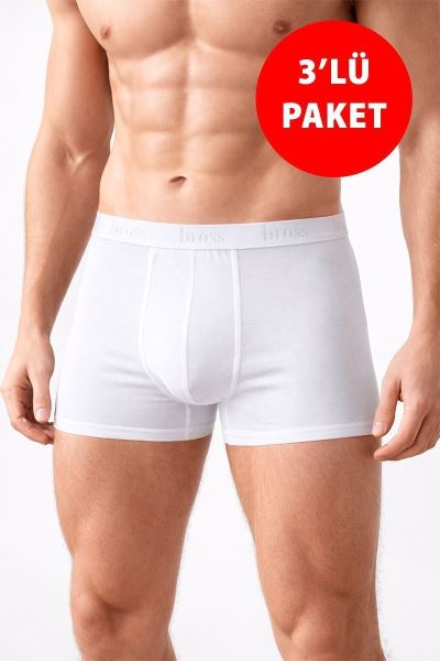 Erkek 3lü Likralı Pamuklu Boxer / 1000 Beyaz Beyaz