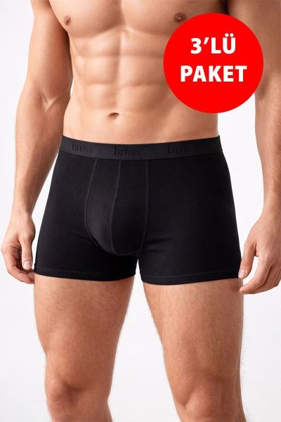 Erkek 3lü Likralı Pamuklu Boxer / 1000 Siyah Siyah