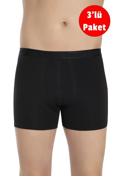 Erkek 3lü Likralı Pamuklu Boxer / 1000 Siyah Siyah