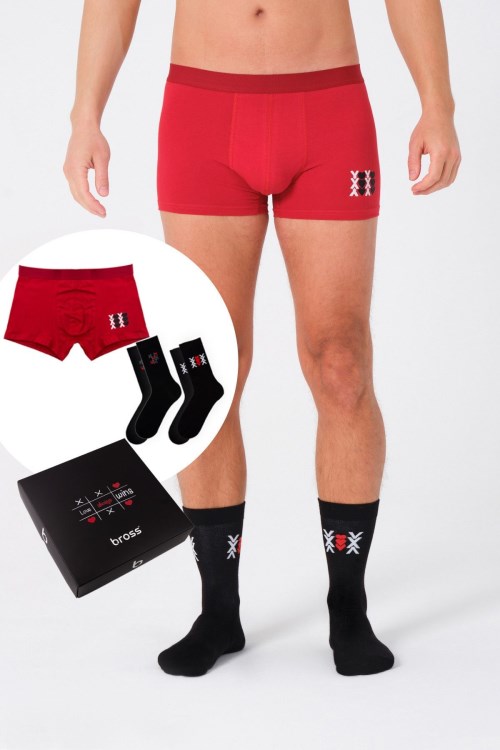 Sevgililer Günü Erkek Kutulu 1 Boxer+2 Çorap Seti Kırmızı