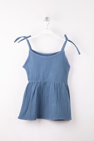 Bebek Müslin Beli Lastikli İp Askılı Elbise Mavi