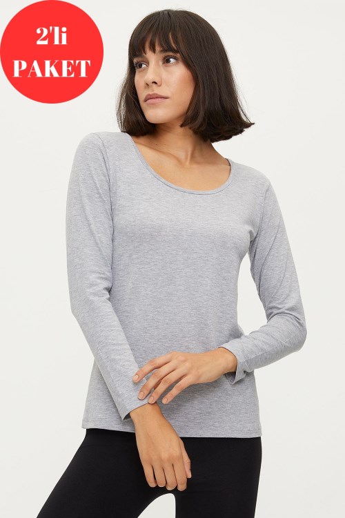 Bross Kadın Uzun Kol 2li Gri Fanila Pamuklu 1219 Gri