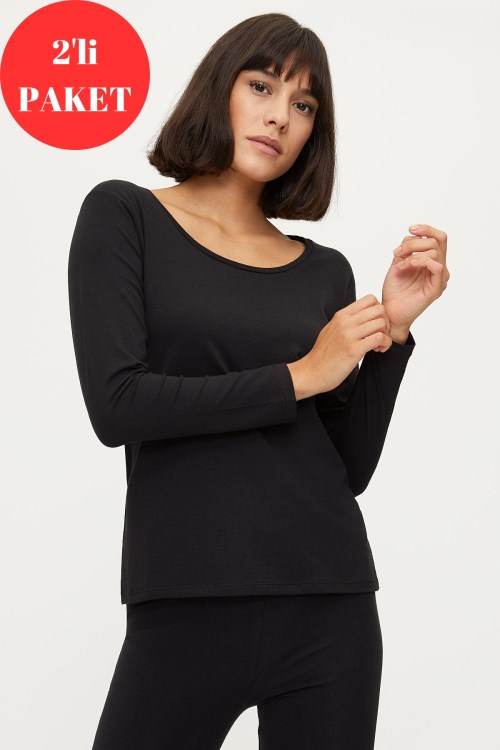 Bross Kadın Uzun Kol 2li Siyah Fanila Pamuklu 1219 Siyah