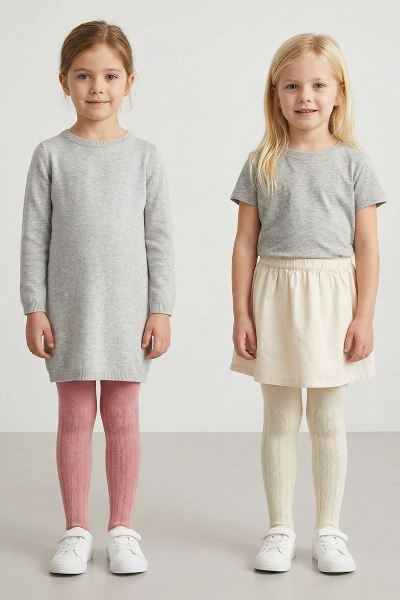 Çocuk 2li Desenli Pamuklu Külotlu Çorap Pembe Ekru Asorti