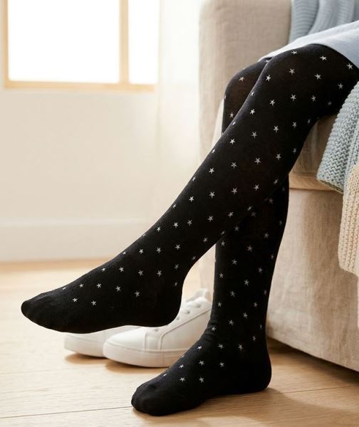 Simli Yıldız Desenli İnce Külotlu Çocuk Çorabı Siyah