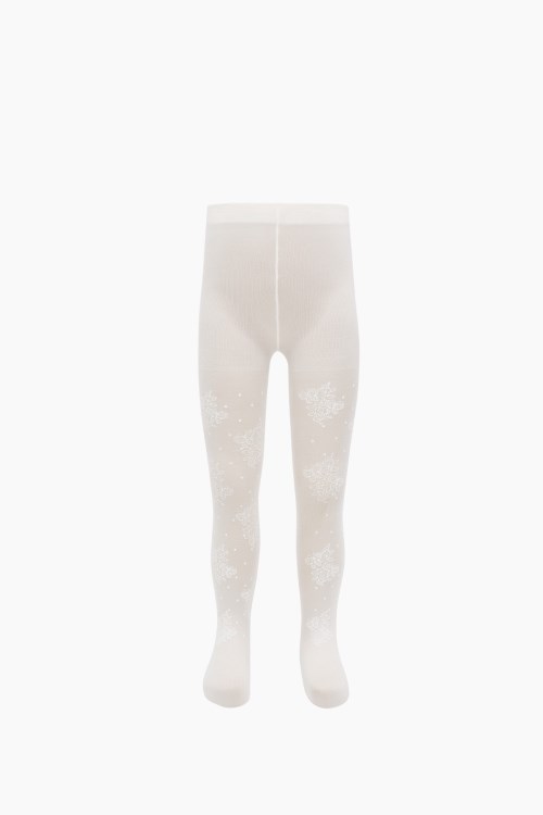 Kelebek Desenli İnce Külotlu Çocuk Çorabı Ekru