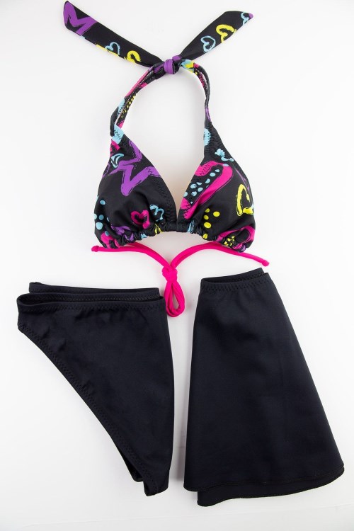 Bross Kalp Desenli Kız Çocuk Mayo/bikini Siyah