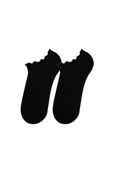 Kadın Pamuklu Fırfırlı Lastiksiz 2li Patik Çorap Siyah