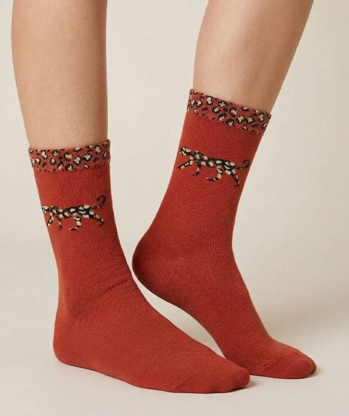 Kadın Leopar Desenli Kahverengi Soket Çorap Kahve