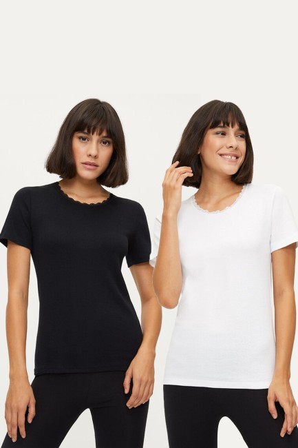 BROSS - 1032 Zweiteiliges Damen-Flanell-T-Shirt aus 100 % Baumwolle mit Spitze