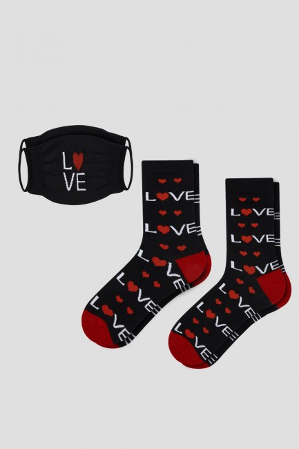 Bross - Bross 2'li Love Sevgililer Günü Yetişkin Çorap ve Çorap Maske Kombini