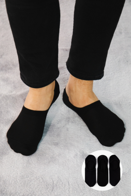 Bross 3lü Siyah Görünmez Topuk Silikon Babet Çorap - Thumbnail