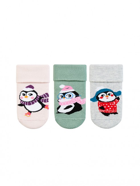 Bross - Bross 3-Pack Penguin Patterned Anti-Slip Terry Baby Socks