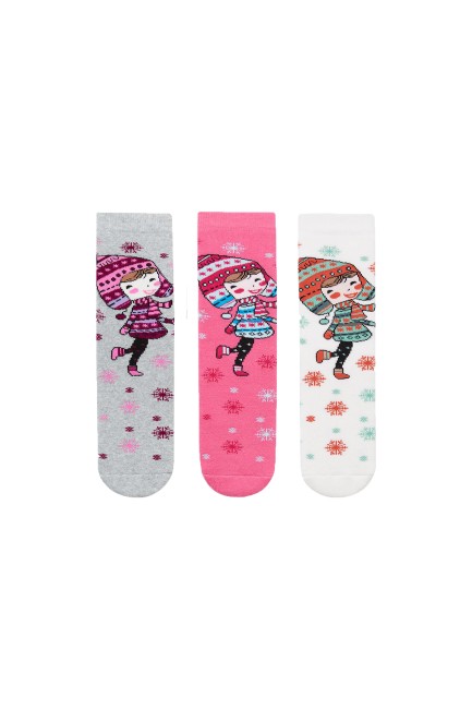 Bross - Bross 3-Piece Snow Girl Patterned Terry Kids' Socks