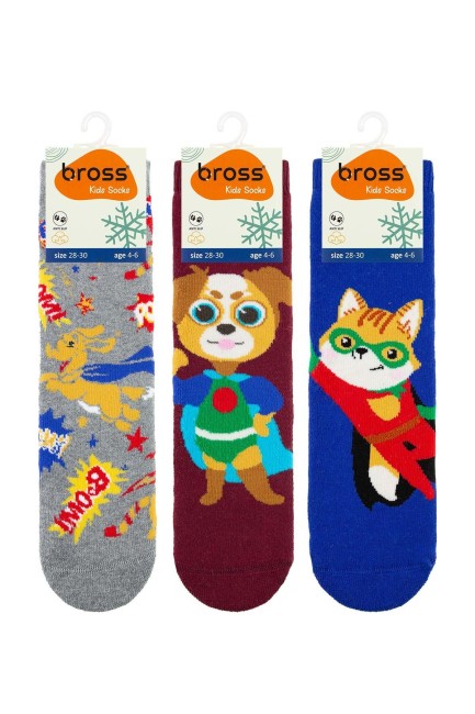 Bross 3lü Kedi Köpek Desenli Havlu Çocuk Çorap - Thumbnail