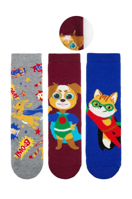 BROSS - Bross 3lü Kedi Köpek Desenli Havlu Çocuk Çorap