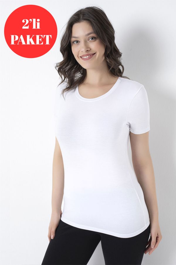 Bross Bambu Kadın Likralı 2li Beyaz Tişört 1460