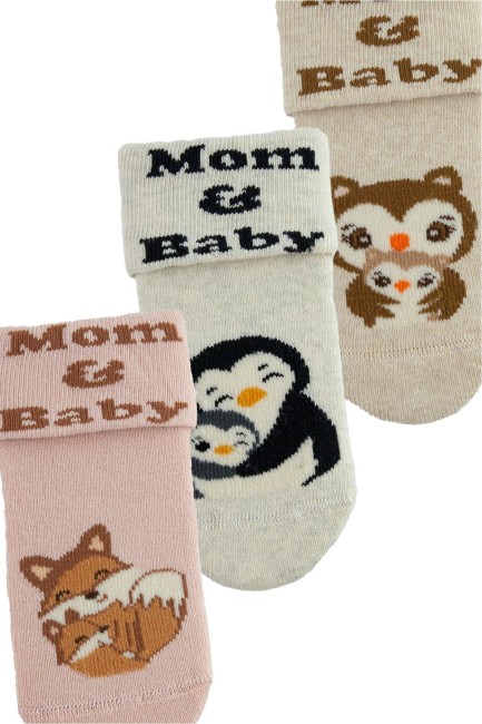 Bross Hayvanlı Kaydırmaz 3lü Havlu Bebek Çorap - Thumbnail