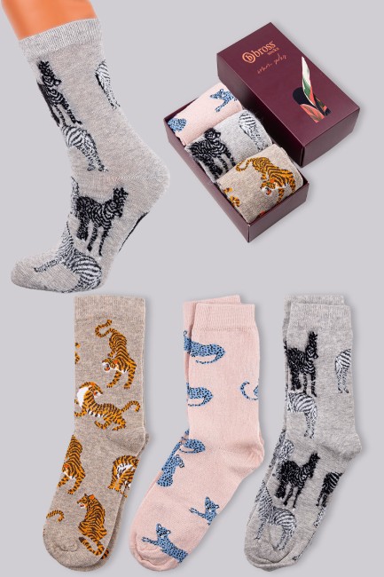 Bross - Bross Kadın 3lü Hayvan Desenli Soket Çorap Kutulu