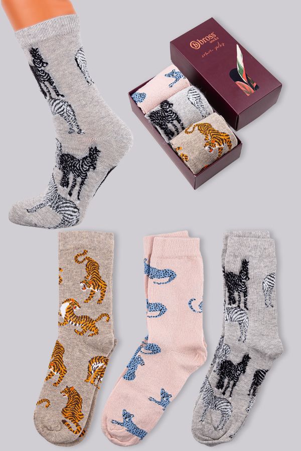 Bross Kadın 3lü Hayvan Desenli Soket Çorap Kutulu
